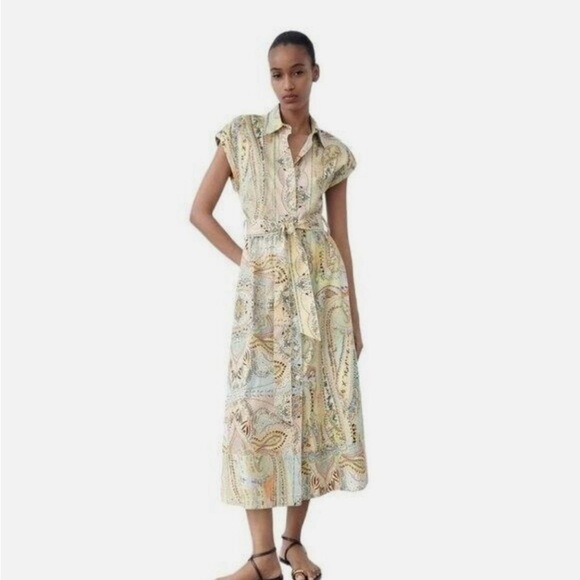 Zara Printed Belted Shirt Paisley sleeveless 100% cotton size large - Picture 3 of 11